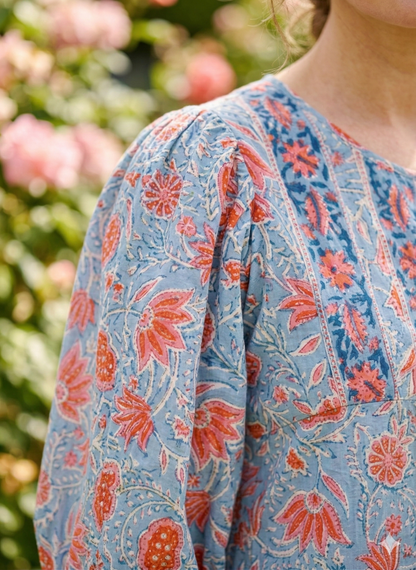 Blue Coral Floral Hand Block Print Cotton Maxi Dress – Boho Tiered Puff Sleeve Dress