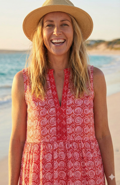 Red Printed Cotton Tiered Midi Dress – Sleeveless Boho Summer Dress