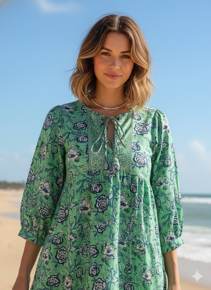 Mint Green Floral Hand Block Printed Cotton Mini Dress – Puff Sleeve Boho Indian Dress