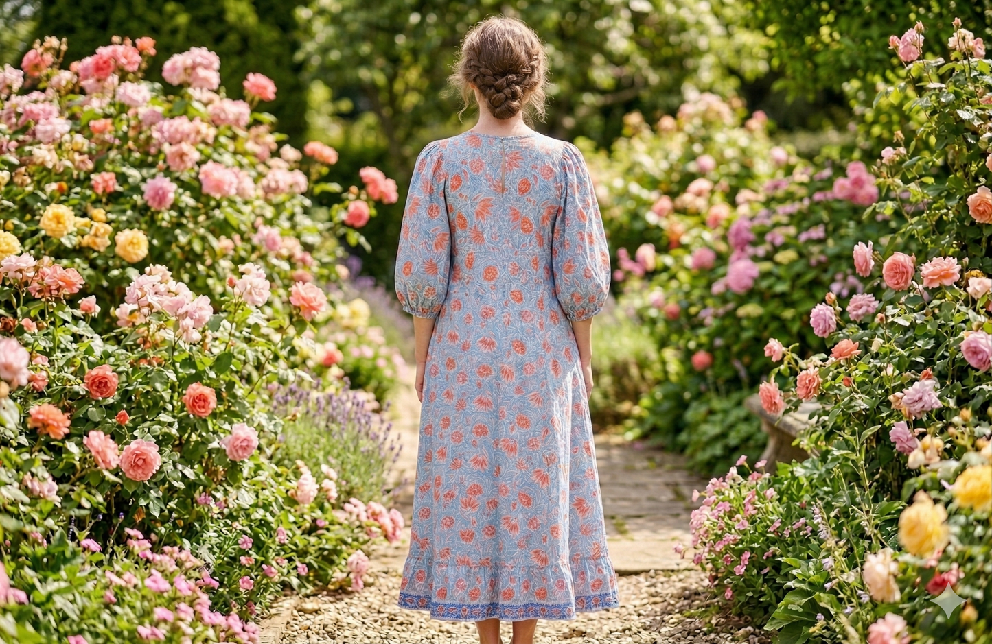 Blue Coral Floral Hand Block Print Cotton Maxi Dress – Boho Tiered Puff Sleeve Dress