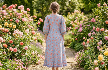 Blue Coral Floral Hand Block Print Cotton Maxi Dress – Boho Tiered Puff Sleeve Dress