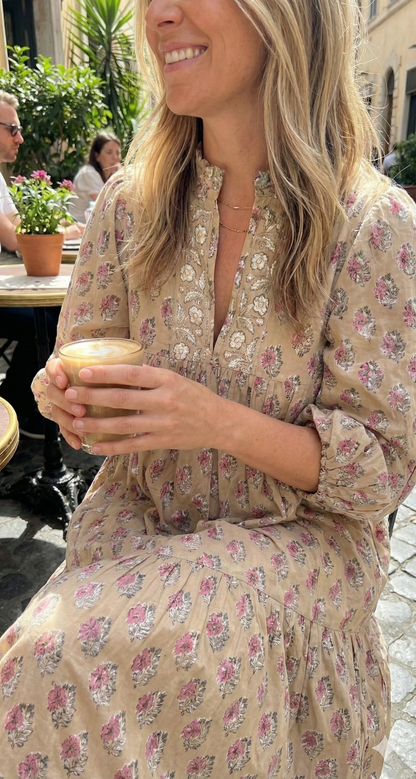 Sand Beige Pink Block Print Cotton Maxi Dress – Puff Sleeve Boho Tiered Dress