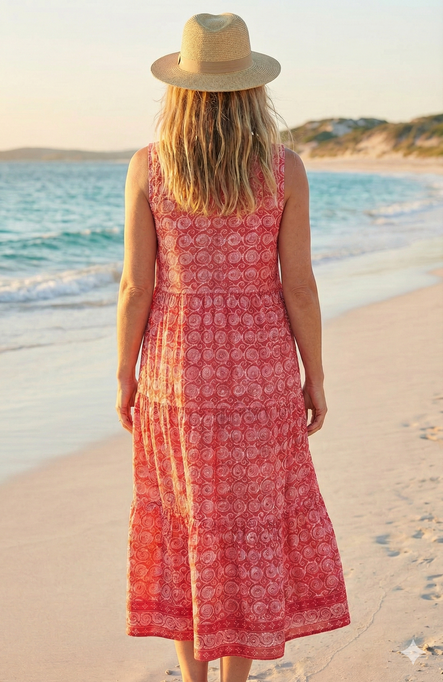 Red Printed Cotton Tiered Midi Dress – Sleeveless Boho Summer Dress