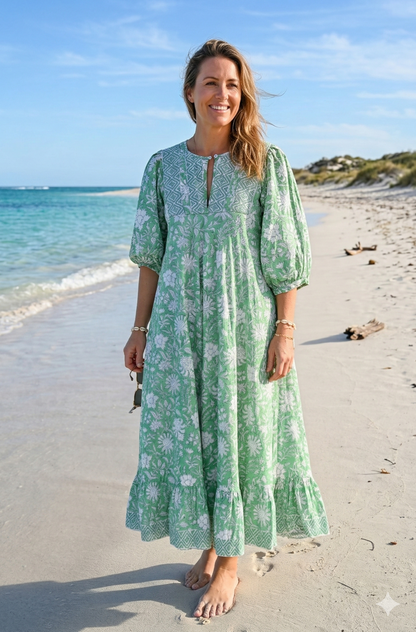 Mint Green Floral Hand Block Print Cotton Maxi Dress – Boho Tiered Summer Style