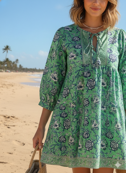 Mint Green Floral Hand Block Printed Cotton Mini Dress – Puff Sleeve Boho Indian Dress