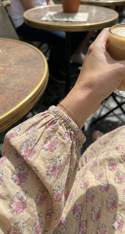 Sand Beige Pink Block Print Cotton Maxi Dress – Puff Sleeve Boho Tiered Dress