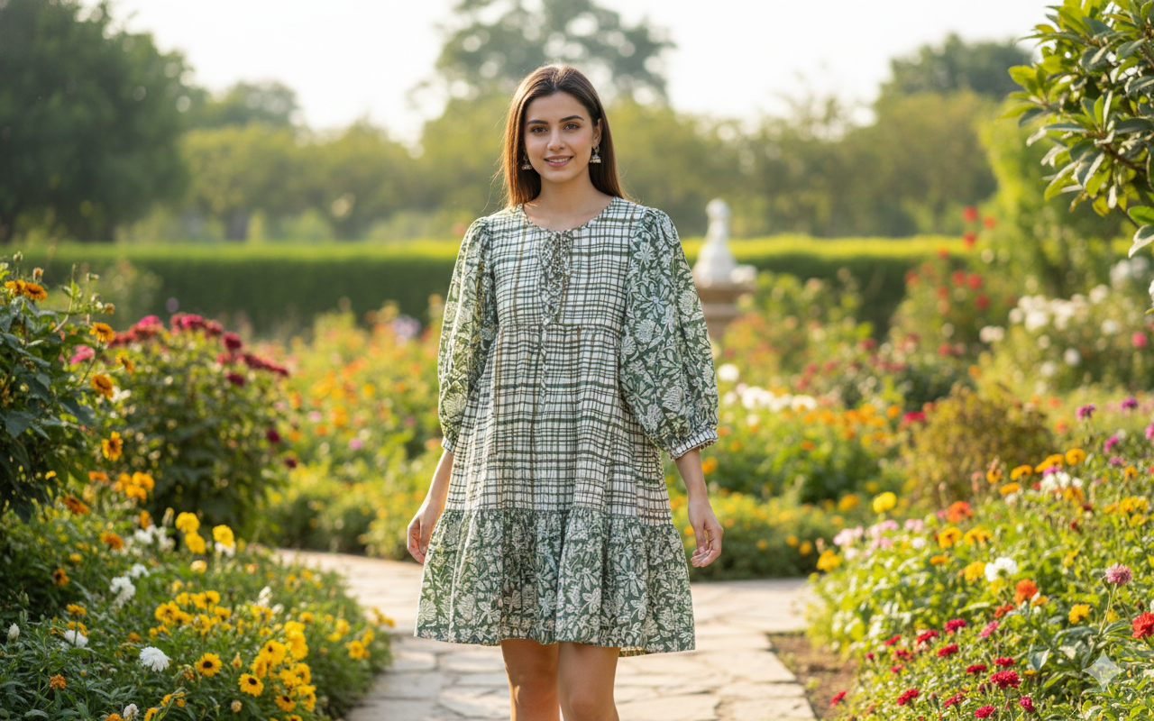 Sage Green Floral Check Hand Block Printed Cotton Mini Dress – Puff Sleeve Boho Indian Dress