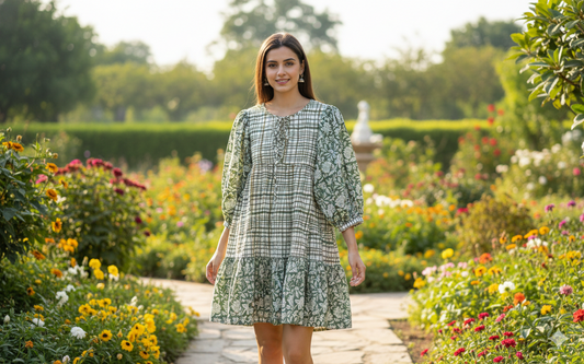 Sage Green Floral Check Hand Block Printed Cotton Mini Dress – Puff Sleeve Boho Indian Dress
