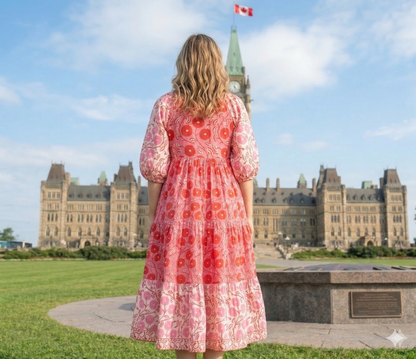 Pink & Red Floral Hand Block Print Cotton Maxi Dress – Indian Boho Tiered Dress