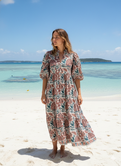 blue-green floral block printed women's summer long dress