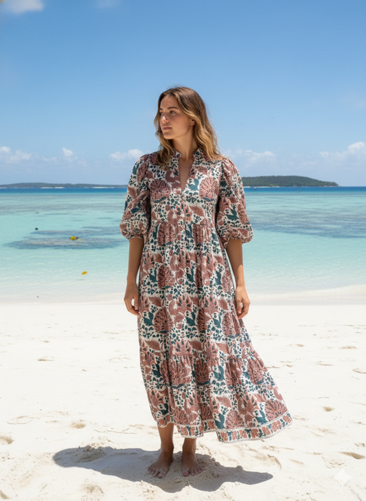 blue-green floral block printed women's summer long dress