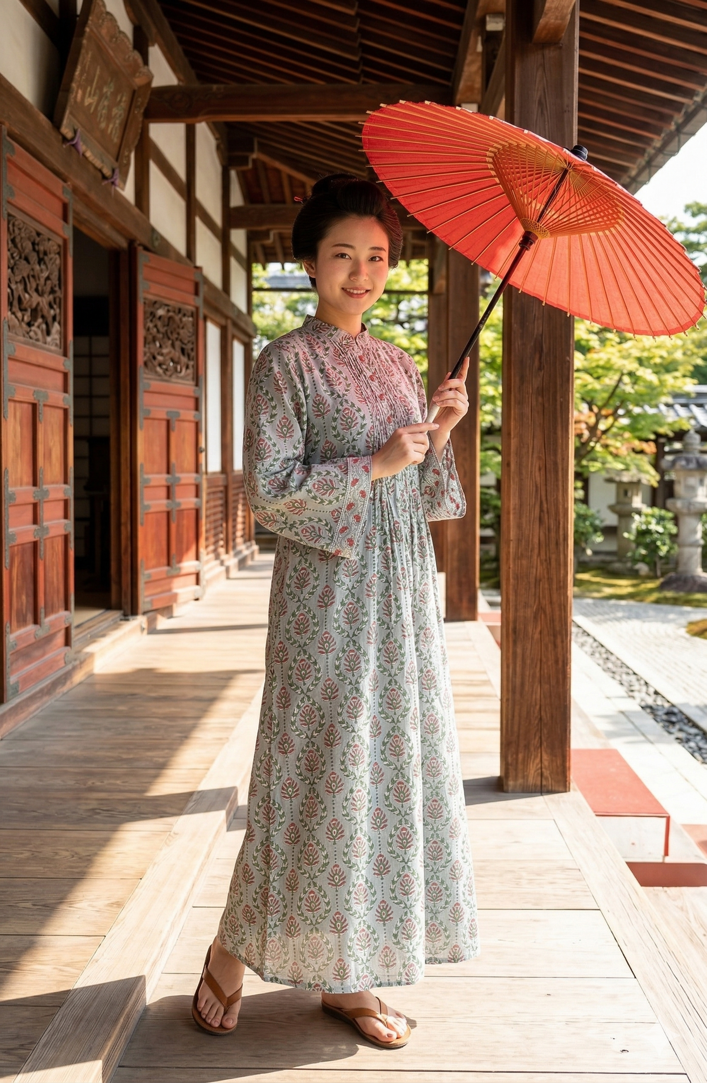 Sage Green Floral Cotton Maxi Dress – Hand Block Print Boho Shirt Dress