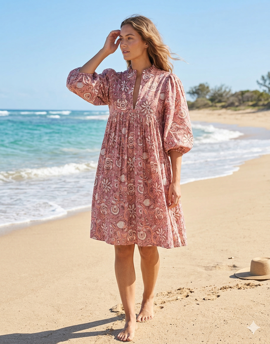 Dusty Rose Floral Hand Made Cotton Mini Dress
