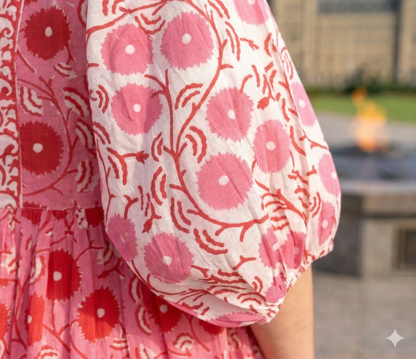 Pink & Red Floral Hand Block Print Cotton Maxi Dress – Indian Boho Tiered Dress