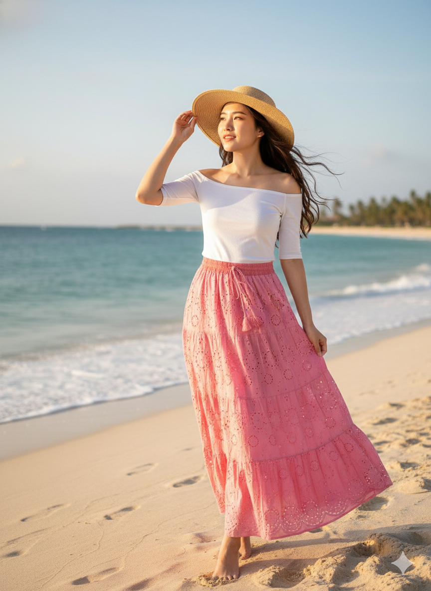 Pink Eyelet Cotton Maxi Skirt – Tiered Boho Elastic Waist Summer Skirt