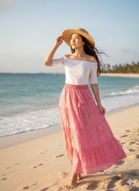Pink Eyelet Cotton Maxi Skirt – Tiered Boho Elastic Waist Summer Skirt