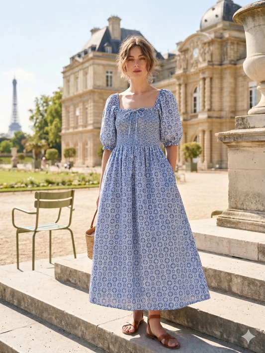 Blue Geometric Hand Block Print Maxi Dress – Smocked Bodice Boho Cotton Dress with Puff Sleeves
