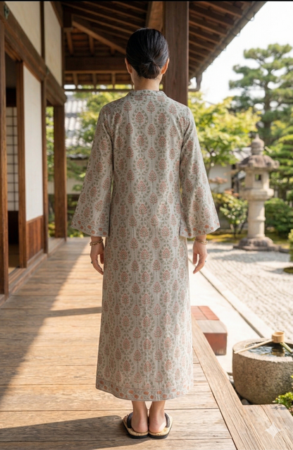 Sage Green Floral Cotton Maxi Dress – Hand Block Print Boho Shirt Dress