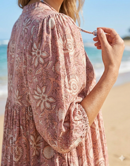 Dusty Rose Floral Hand Made Cotton Mini Dress