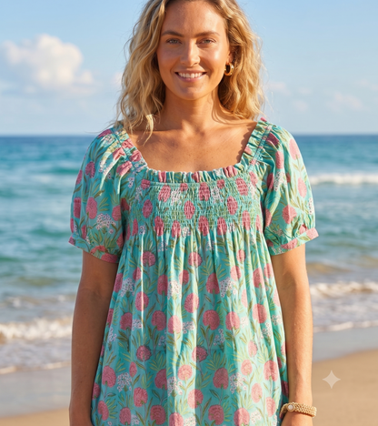 Green Floral Cotton Pajama Set with Smocked Top and Shorts