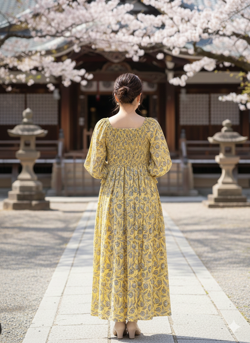 Yellow Floral Hand Block Printed Cotton Midi Dress – Smocked Bodice Puff Sleeve Boho Dress