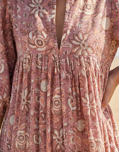 Dusty Rose Floral Hand Made Cotton Mini Dress