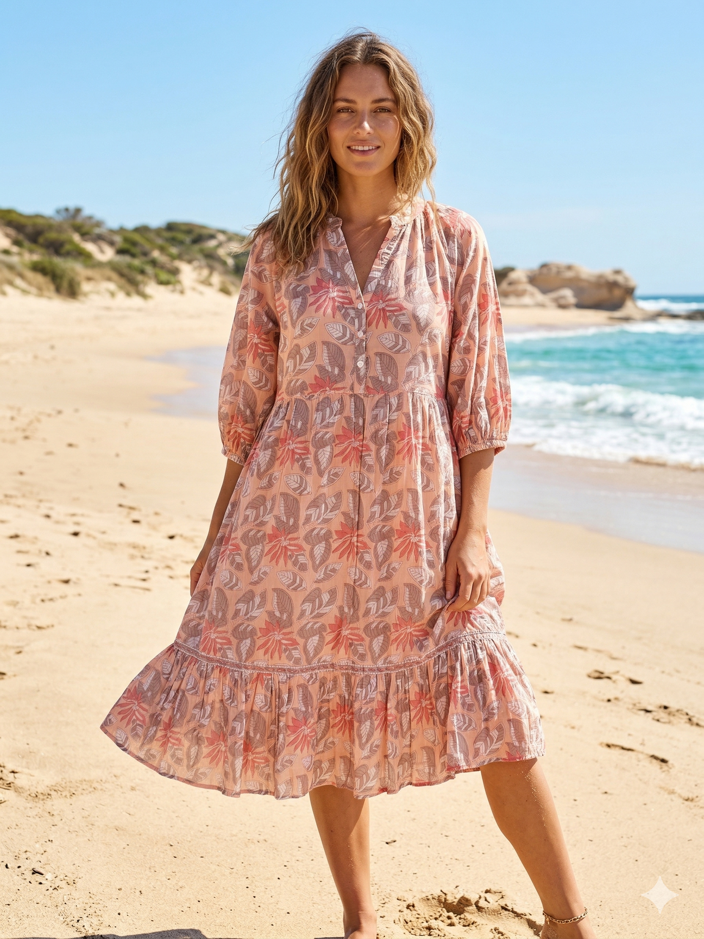 Peach Floral Hand Block Print Cotton Midi Dress – Boho Tiered Summer Dress