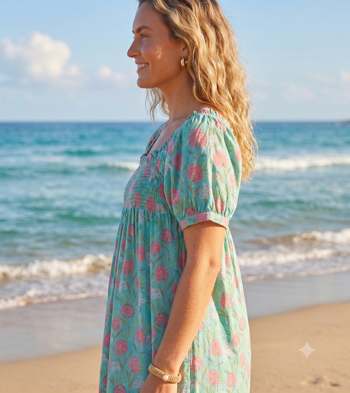 Green Floral Cotton Pajama Set with Smocked Top and Shorts
