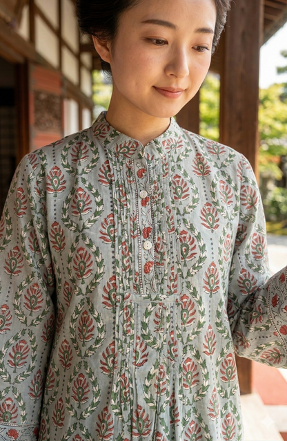 Sage Green Floral Cotton Maxi Dress – Hand Block Print Boho Shirt Dress