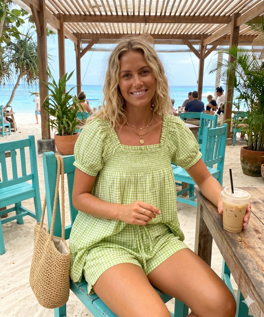 Sage Gingham Cotton Lounge Set for Women, Puff Sleeve Babydoll Top & Shorts, Cottagecore Pajama Set