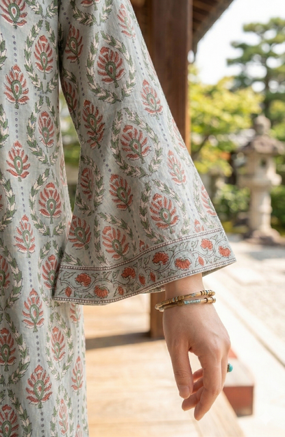 Sage Green Floral Cotton Maxi Dress – Hand Block Print Boho Shirt Dress