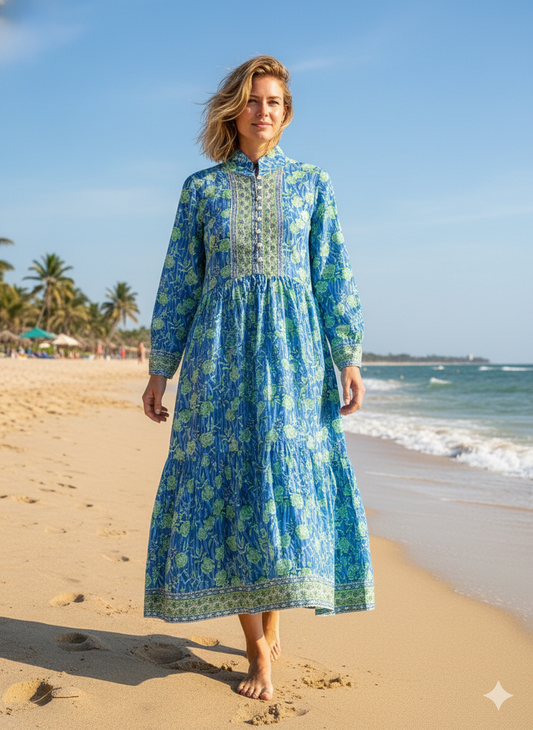 Blue Floral Hand Block Printed Cotton Maxi Dress – Long Sleeve Bohemian Dress