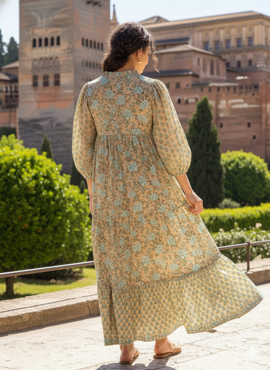 Beige Blue Floral Hand Block Printed Cotton Midi Dress – Puff Sleeve Boho Indian Dress