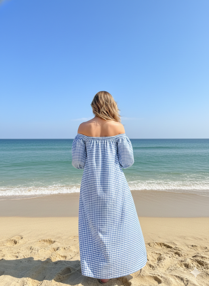 Blue Gingham Cotton Midi Dress – Puff Sleeve Boho Summer Dress