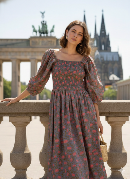 Grey Floral Hand Block Printed Cotton Midi Dress – Smocked Bodice Puff Sleeve Boho Dress