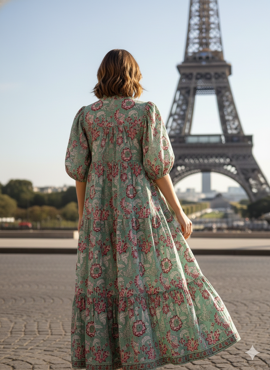Sage Green Pink Floral Hand Block Printed Cotton Midi Dress – Boho Tiered Long Sleeve Indian Dress