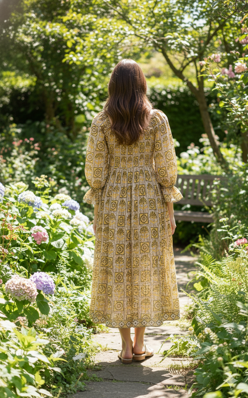 Olive Mustard Hand Block Printed Cotton Midi Dress – Smocked Bodice Puff Sleeve Boho Dress