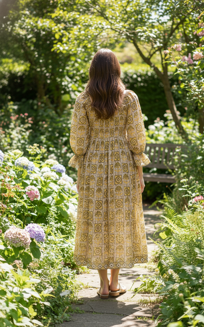 Olive Mustard Hand Block Printed Cotton Midi Dress – Smocked Bodice Puff Sleeve Boho Dress