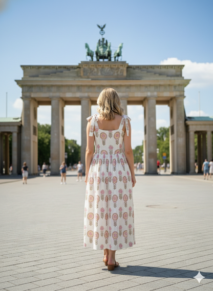 white knotty dress with big flower print in pink