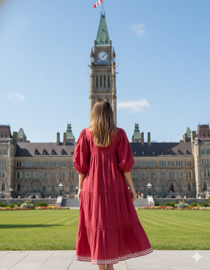 Maroon Cotton Maxi Dress – Puff Sleeve Tiered Boho Long Dress with Block Print Border