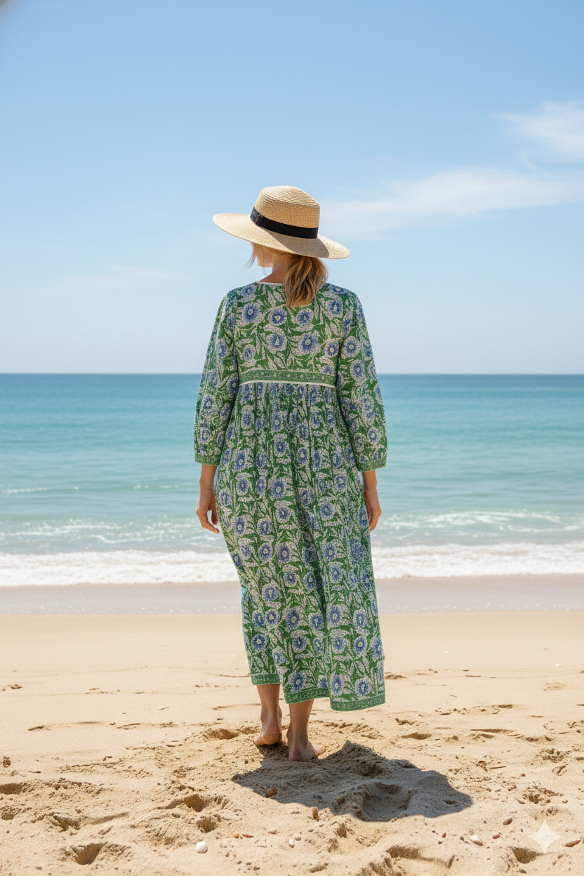 Green Floral Hand Block Printed Cotton Mini Dress – Boho Tassel Dress