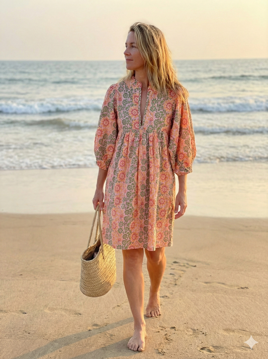 Peach Floral Hand Block Printed Cotton Mini Dress – Puff Sleeve Boho Summer Dress