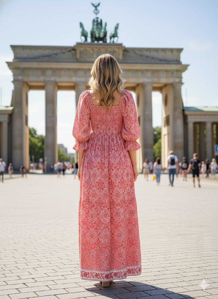 Dusty Rose Floral Hand Block Printed Cotton Midi Dress – Smocked Bodice Puff Sleeve Boho Dress