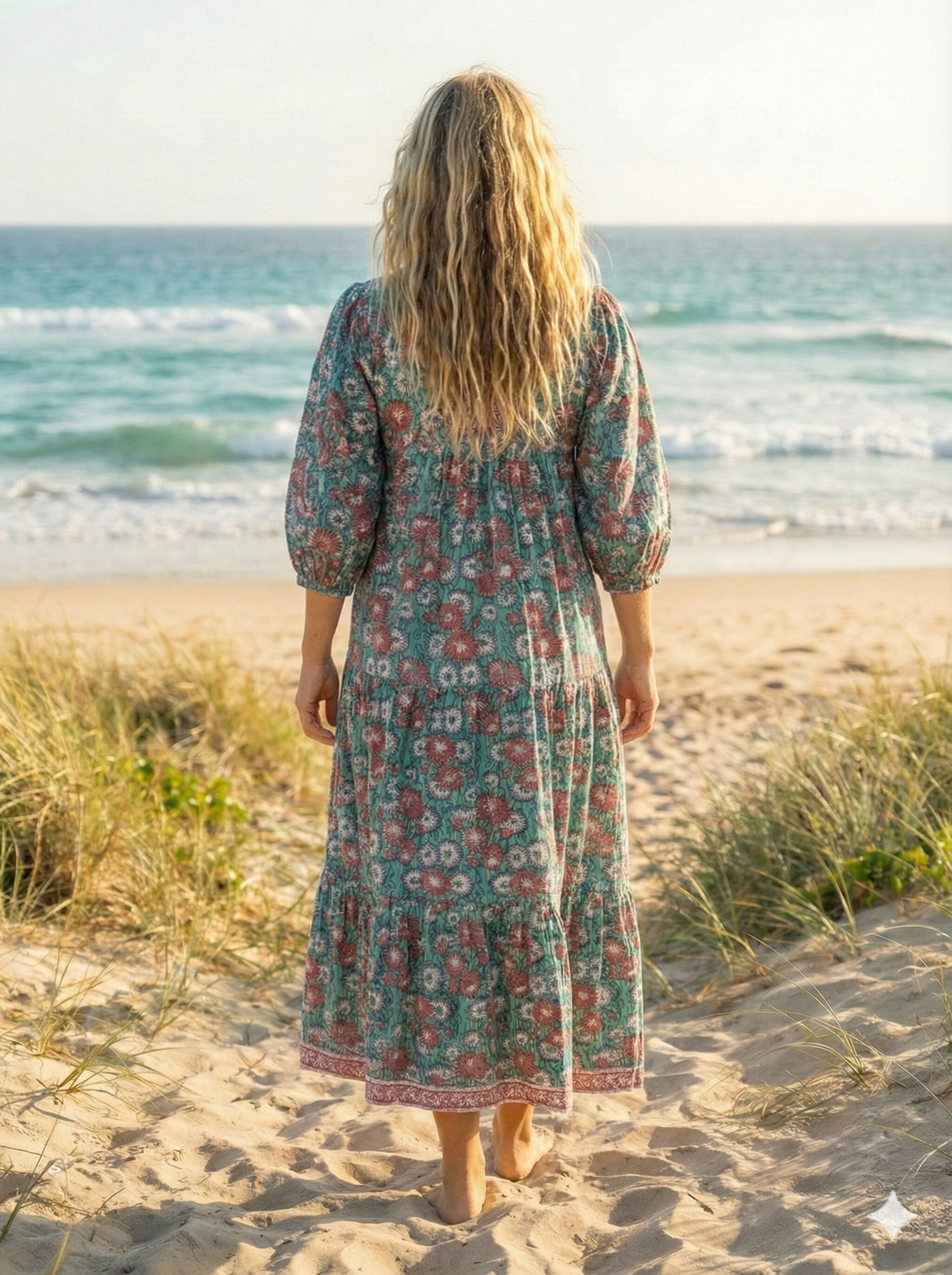 Teal Red Floral Block Print Cotton Midi Dress – Boho Handmade Tiered Dress with Puff Sleeves & Contrast Yoke