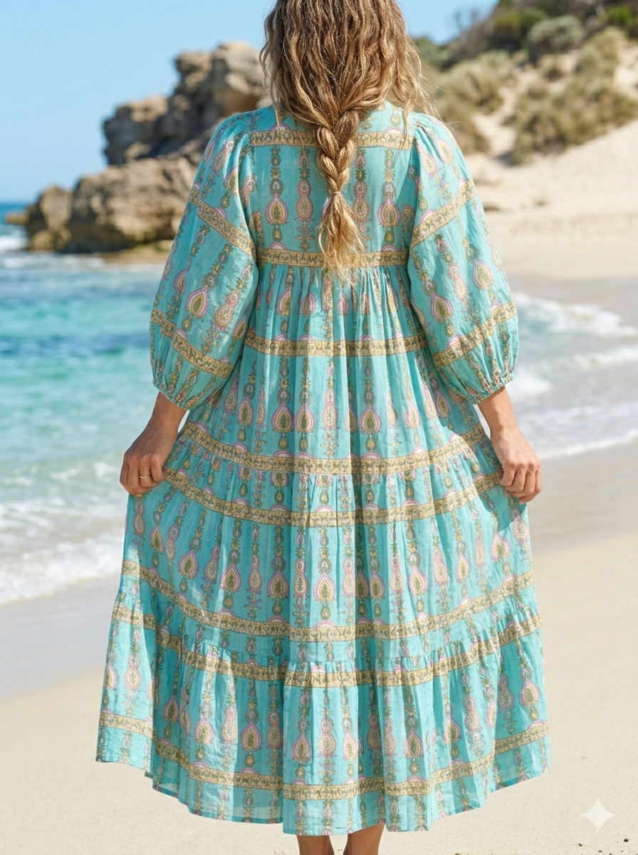Turquoise Paisley Cotton Maxi Dress – Hand Block Print Boho Puff Sleeve Dress