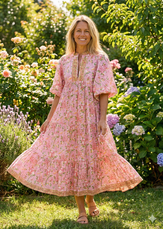 Blush Pink Floral Block Print Cotton Dress – Boho Tiered Maxi Dress