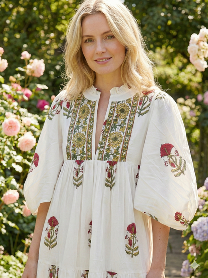 Ivory Floral Block Print Cotton Midi Dress – Boho Handmade Tiered Dress with Puff Sleeves & Contrast Yoke