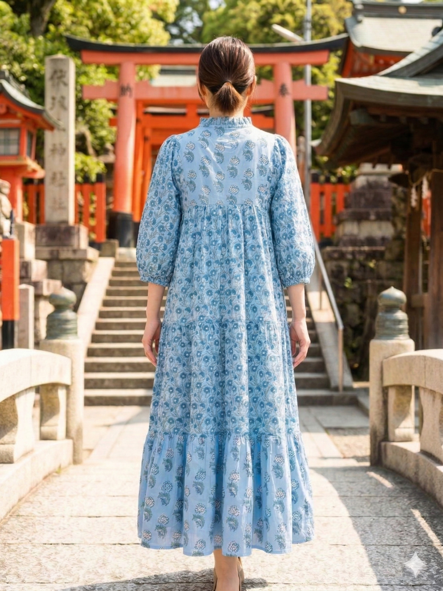 Sky Blue Botanical Hand Block Print Cotton Maxi Dress – Boho Puff Sleeve Tiered Style