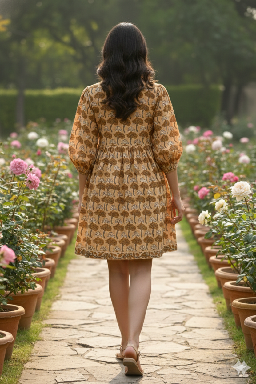 Mustard Brown Floral Hand Block Printed Cotton Mini Dress – Puff Sleeve Boho Summer Dress