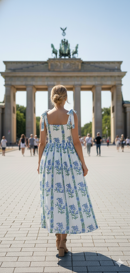 Blue Floral Hand Block Printed Cotton Midi Dress – Tie Strap Boho Summer Dress